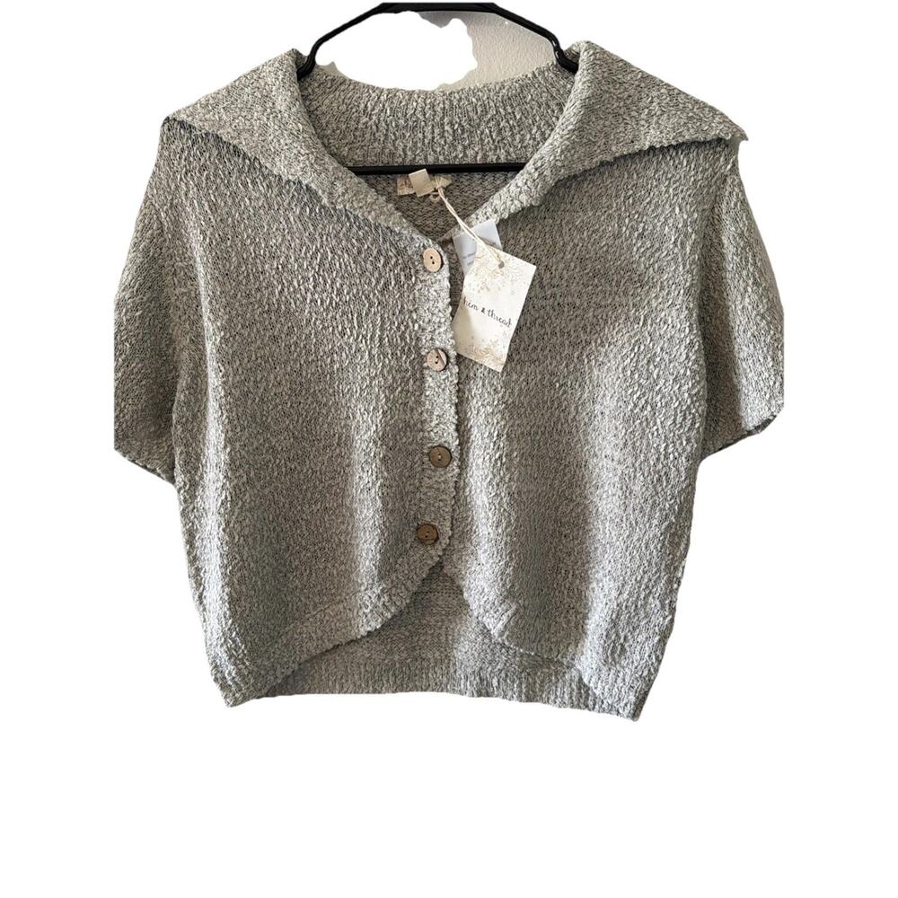 Hem & Thread NWT Grey Knit Button-Up Short Sleeve Collared Crop Cardigan L